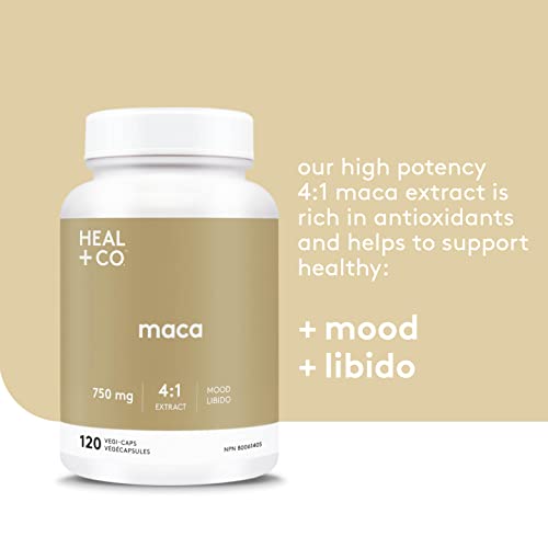 Heal + Co. Organic Maca | High Potency 4:1 Extract, 3,000 mg | Mood + Libido | 120 x 500 mg Capsules