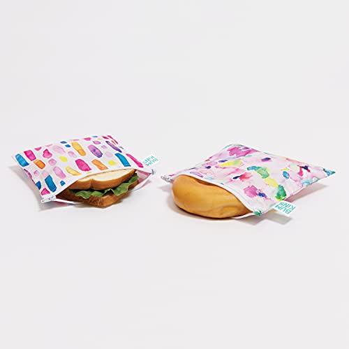 Bumkins Reusable Sandwich and Snack Bags, for Kids School Lunch and for Adults Portion, Washable Fabric, Waterproof Cloth Zip Bag, Travel Pouch, Food-Safe, Large 2-pk Watercolors and Brushstrokes