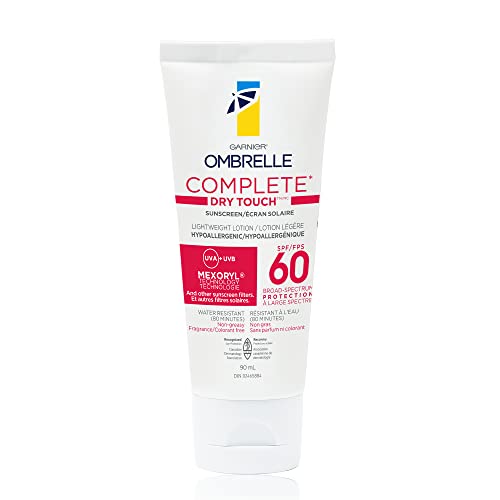 Garnier Ombrelle Sunscreen Complete Sensitive Body & Face Lotion, SPF 60, Ultra Light Moisturizing Cream, Hypoallergenic, Fragrance Free, 90mL -Sensitive Advanced