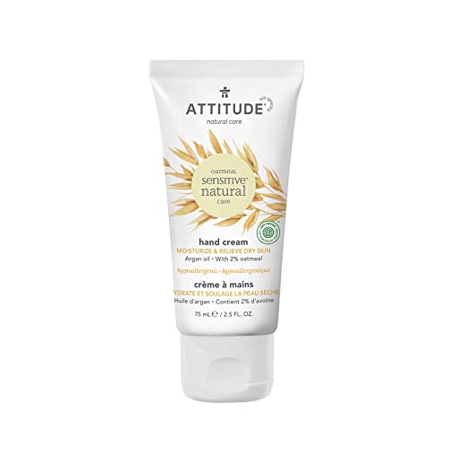 ATTITUDE Moisturizing Hand Cream for Sensitive Skin Enriched with Oat and Argan Oil, EWG Verified, Hypoallergenic, Vegan and Cruelty-free, 75 mL