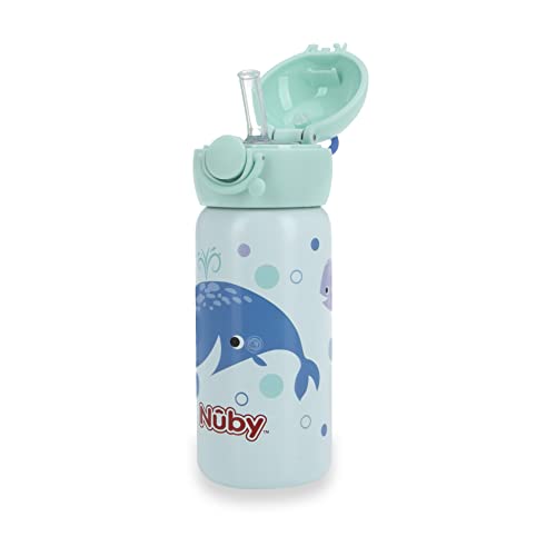 Nuby Thirsty Kids No Spill Flip-It Active Stainless Steel Travel Cup or Water Bottle - 14 Oz - 18+ Months - Mint Whale