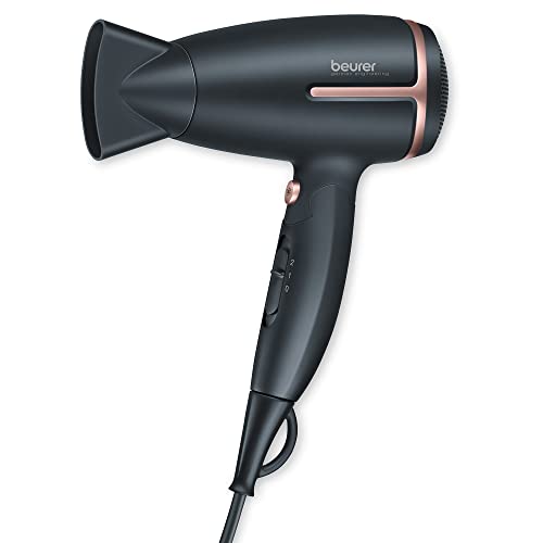 Beurer HC25 Ionic Hair Dryer for Travel with Voltage Switch 1600W Anti Frizz Blow Dryer, Foldable Handle, Lightweight Styler, Nozzle Attachment, Storage Bag, Black and Rose Gold