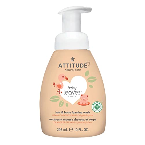 ATTITUDE Foaming Shampoo and Body Wash for Baby & Newborn, EWG Verified, Hypoallergenic Plant- and Mineral-Based Ingredients, Vegan and Cruelty-free, Orange and Pomegranate, 295 mL