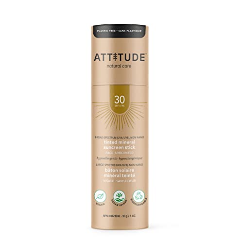 ATTITUDE Tinted Face Sunscreen Stick, Broad Spectrum UVA/UVB, Plastic-free, Hypoallergenic, Plant and Mineral-Based Formula, Vegan and Cruelty-free Sun Care Products, SPF 30, Unscented, 30 grams