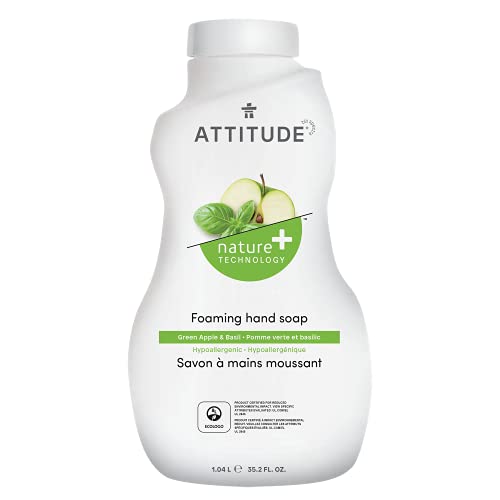 ATTITUDE Foaming Hand Soap, Plant and Mineral-Based Ingredients, Vegan and Cruelty-free Personal Case Products, Bulk Refill, Green Apple and Basil, 1.04 Liters