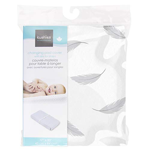 Kushies Baby 100% Breathable Cotton Flannel Contoured Changing Pad Cover with Slits for Safety Straps, Made in Canada, 17" x 33" Grey Feathers