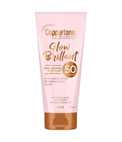 Coppertone Glow Sunscreen SPF 50 (148 mL), Lightweight Sunscreen with a Hint of Shimmer for Beautiful Glow, Quick-Dry Body Lotion Sun Protection with No PABA or Parabens