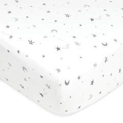 American Baby Company Printed 100% Cotton Jersey Knit Fitted Crib Sheet for Standard Crib and Toddler Mattresses, Grey Stars and Moon, for Boys and Girls 52x28x5 Inch (Pack of 1)