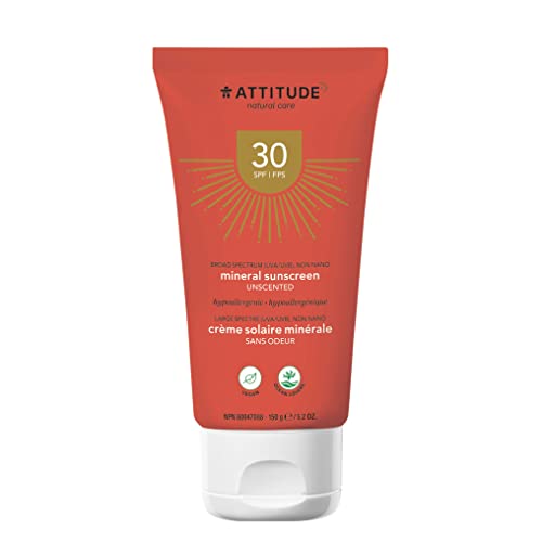 ATTITUDE Sunscreen Cream, Broad Spectrum UVA/UVB, Hypoallergenic, Plant and Mineral-Based Formula, Vegan and Cruelty-free Sun Care Products, SPF 30, Unscented, 150 grams