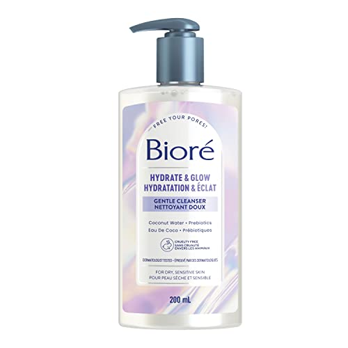 Bioré Hydrate & Glow Gentle Cleanser, Hydrating Face Wash for Dry, Sensitive Skin, infused with Prebiotics and Coconut Water | Dermatologist Tested, Cruelty Free, Fragrance Free and SLS/SLES Sulfate Free (200mL)