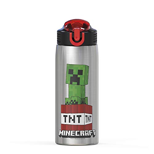 Zak Designs - MICI-V151 Zak Designs 27oz Minecraft 18/8 Stainless Steel Water Bottle with Flip-up Straw Spout and Locking Spout Cover, Durable Cup for Sports or Travel (27oz, Minecraft Creeper)