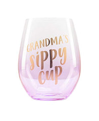 Pearhead Grandma's Sippy Cup Stemless Wine Glass, Gift for New Grandmother, Pink