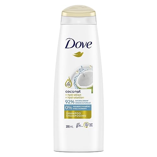 Dove Coconut + Hydration Shampoo nourishes and hydrates dry hair made with 92% natural origin ingredients 355 ml