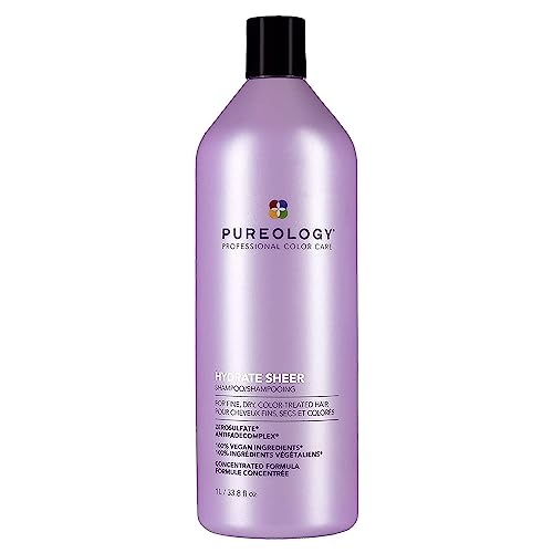Pureology Hydrate Sheer Shampoo, For Fine, Dry, Color-Treated Hair, Lightweight Hydrating Conditioner, Silicone-Free, Vegan, 1000 ML