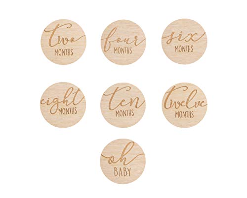 Pearhead Wooden Monthly Milestone Photo Cards, Baby Announcement Cards, Pregnancy Journey Milestone Markers, 7 Double Sided Photo Prop Milestone Discs, Light Wood