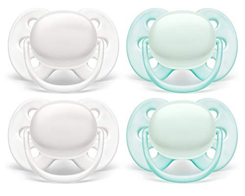 Philips AVENT Ultra Soft Pacifier, 0-6 Months, Arctic White/Green, 4 Pack, SCF214/40