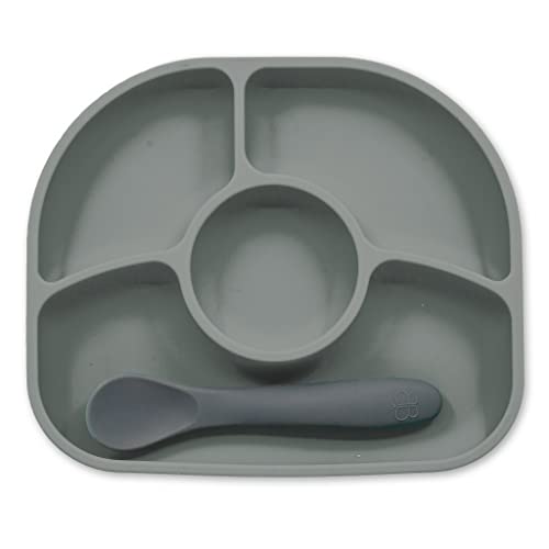 bblüv - Yümi - Silicone Suction Plate & Spoon Set for Baby, Infants and Toddlers, Anti-Spill, Microwave and Dishwasher Safe (Grey) 19 x 16 x 3,5 cm