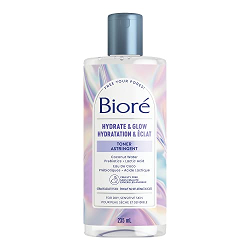 Bioré Hydrate & Glow Toner, Alcohol Free Facial Toner for Dry, Sensitive Skin, infused with Prebiotics, 2% Lactic Acid and Coconut Water | Dermatologist Tested, Cruelty Free and Fragrance Free (235mL)