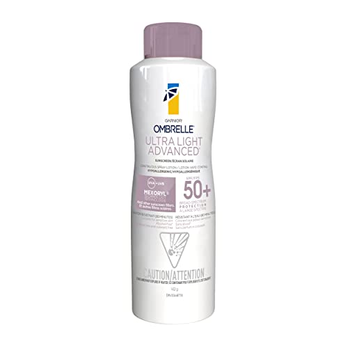 Garnier Ombrelle Ultra Light Sunscreen Body & Face Spray, SPF 50+, for Sensitive Skin, Hypoallergenic, Water Resistant, Alcohol and Fragrance Free, 142g