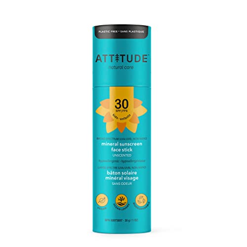 ATTITUDE Face Sunscreen Stick for Baby and Kids, Broad Spectrum UVA/UVB, Plastic-free, Hypoallergenic, Plant and Mineral-Based Formula, Vegan and Cruelty-free Sun Care Products, SPF 30, Unscented, 30 grams