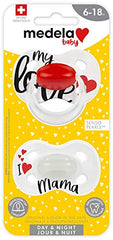 Medela Baby Pacifier | Day and Night Glow in the Dark | 6-18 Months | 2-Pack, Lightweight | BPA-Free | Supports Natural Suckling | My Love and I Love Mama