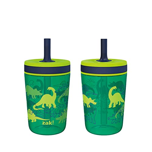 Zak Designs Kelso 15 oz Tumbler Set, (Dino Camo) Non-BPA Leak-Proof Screw-On Lid with Straw Made of Durable Plastic and Silicone, Perfect Baby Cup Bundle for Kids (2pc Set)