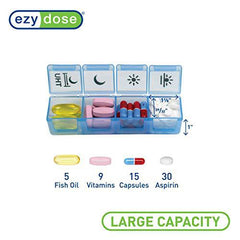 Ezy Dose Weekly (7-Day) Pill Organizer, Vitamin and Medicine Box, X-Large Pop-Out Compartments, 4 Times a Day, Rainbow Lids with Case