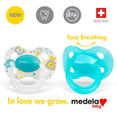 Medela Baby Pacifier | 6-18 Months | BPA-Free | Lightweight & Orthodontic | 2-Pack | Turquoise Blue and White with Baby Animals