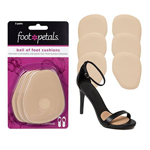 Foot Petals Women's Ball of Foot-3 Pairs Cushions, Metatarsal Pad, Lasting Comfort Relief, Prevent Toe Sliding, Overhang, Heels, Khaki, One Size