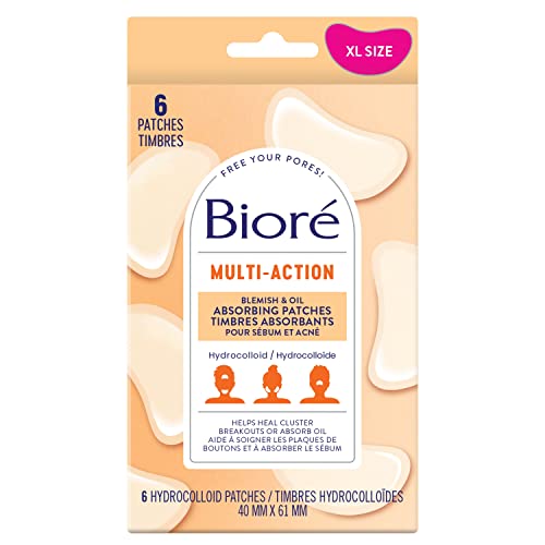 Bioré Multi Action Blemish & Oil Absorbing Acne Patches | Hydrocolloid Patch for Oily Skin, Large Patches, 6Ct