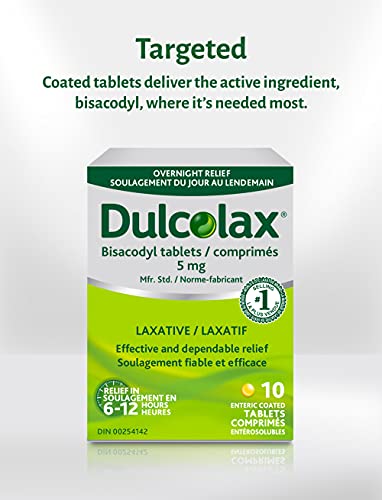 Dulcolax 5 mg Stimulant Laxative Tablets 10 CT - Bisacodyl – Stimulates the Bowels – Occasional Constipation Relief for Adults in 6-12 Hours - Suitable for Children Over 6 Years & Older, Adults and Breastfeeding Women
