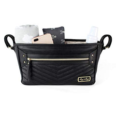 Itzy Ritzy Adjustable Stroller Caddy & Stroller Organizer Featuring Two Built-in Pockets, Front Zippered Pocket and Adjustable Straps to Fit Nearly Any Stroller, Black with Gold Hardware