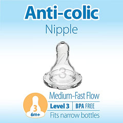 Dr. Brown's Natural Flow Level 3 Narrow Baby Bottle Silicone Nipple, Medium-Fast Flow, 6m+, 100% Silicone Bottle Nipple, clear, 6 Count (Pack of 1)