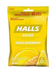 HALLS Triple Soothing Action Cough Drops, Honey Lemon, 1 Resealable Bag (80 Drops Total)