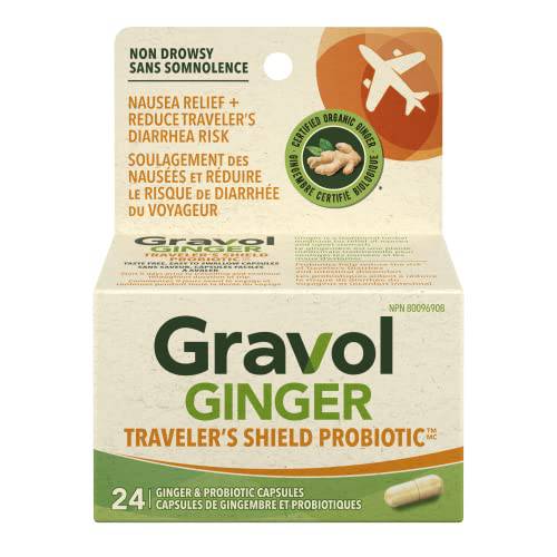 Gravol Ginger Traveler's Shield Probiotic Capsules, Nausea Relief & Reduce Traveler's Diarrhea Risk, Organic Ginger & Probiotic, Non Drowsy, 24 Capsules