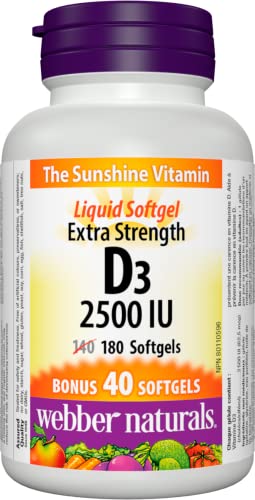 Webber Naturals Vitamin D3 2,500 IU Extra Strength, 180 Softgels, For Healthy Bones, Teeth, and Helps Prevent Vitamin D Deficiency