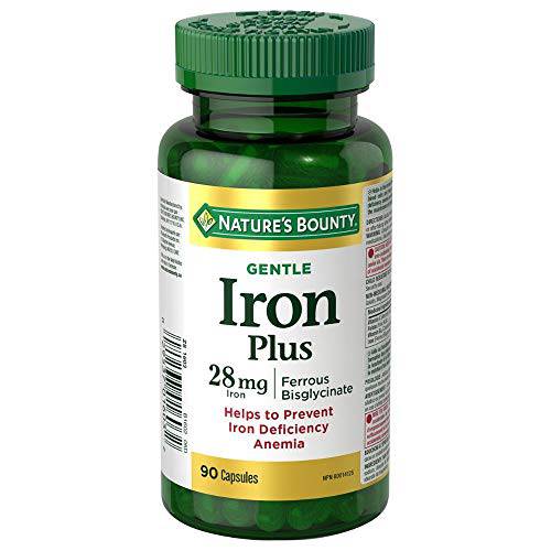 Nature's Bounty Gentle Iron Supplement, Helps Prevent Iron Deficiency Anemia, 28mg, 90 Capsules, Multi-colored