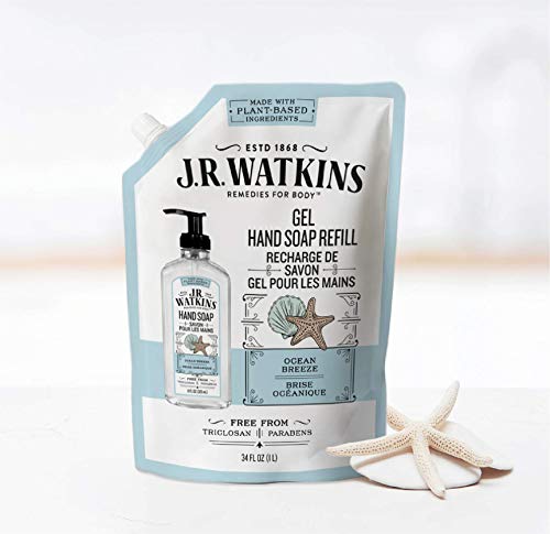 J.R. Watkins Ocean Breeze Liquid Hand Soap Refill Pouch, Scented Liquid Hand Wash for Bathroom or Kitchen, USA Made and Cruelty Free, 1 Liter