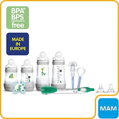 MAM Infant Basics Newborn Gift Set (9-count), Includes Easy Start Anti Colic MAM Baby Bottles, Pacifier, Baby Bottle Brush, From Newborn to 2+ Months, Designs May Vary