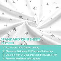 American Baby Company Printed 100% Cotton Jersey Knit Fitted Crib Sheet for Standard Crib and Toddler Mattresses, Grey Stars and Moon, for Boys and Girls 52x28x5 Inch (Pack of 1)