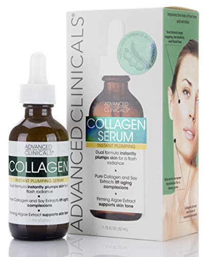 Advanced Clinicals Collagen Face Serum Skin Care Anti Aging Moisturizer For Skin Tightening, Brightening & Hydrating. Facial Collagen Peptide Booster Helps Smooth & Plump Dry Skin, 1.75 Fl Oz