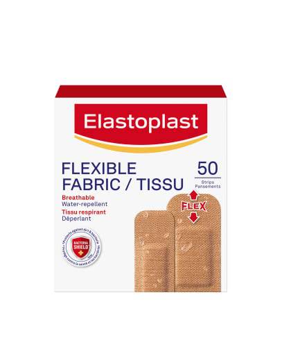 Elastoplast Flexible Fabric Bandages, 50 Strips, 2 Sizes, beige | Extra Flexible | Adapts to all your movements | Strong Adhesion | Breathable Material | Water-repellent | Bacteria Shield | Latex Free