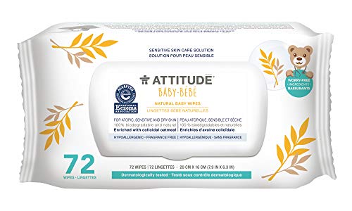 ATTITUDE Baby Wipes for Sensitive Skin, Hypoallergenic, Dermatologically Tested, Biodegradable, Plant-Based Ingredients, Enriched with Colloidal Oatmeal, Unscented, 72 Count