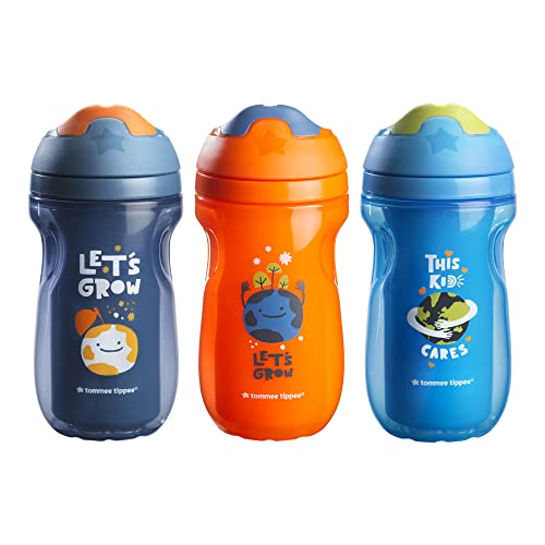 Tommee Tippee Insulated Sippee Cup, Water Bottle for Toddlers, Spill-Proof, BPA Free, Colorful and Playful Designs, 9oz, 12m+, Pack of 3, Blue, Blue and Orange