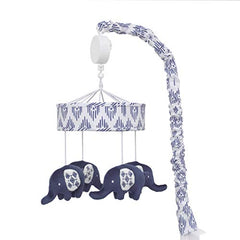 NoJo Indigo Hues Nursery Crib Musical Mobile With Plush Velboa Elephants, Blue/White