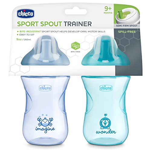 Chicco 9oz. Sport Spout Trainer with Semi-Firm, Bite-Resistant Spout and Spill-Free Lid | Top-Rack Dishwasher Safe | Easy to Hold with Ergonomic Indents | Pale Blue/Teal, 2pk| 9+ Months