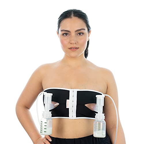 Hands Free Pumping Bra | Snugabell PumpEase adjustable and comfortable pumping bra made with spandex technical fabric, supports two breast pumping bottles & flanges | Black & White Size XL