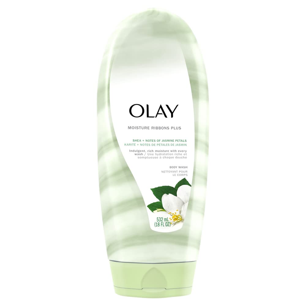 Olay Moisture Ribbons Body Wash with Shea and Notes of Jasmine Petals, 532 mL, White and Green, Pack of 1