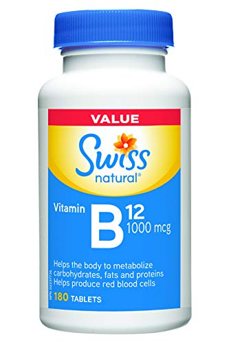 Swiss Natural Vitamin B12 (Cobalamin) 1000mcg | 180 Tablets | Helps metabolize carbohydrates, fats and proteins