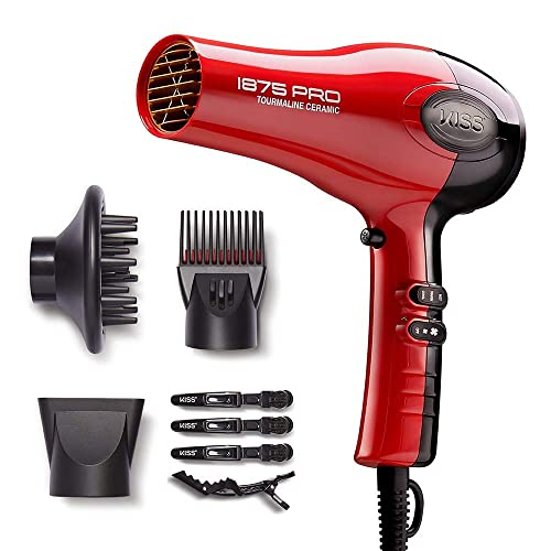 KISS 1875 Watt Pro Tourmaline Ceramic Hair Dryer, 3 Heat Settings, 2 Speed Slide Switch, Cool Shot Button, 2 Detangler Combs, 1 Concentrator, 1 Diffuser, Removable Filter Cap & 4 Sectioning Clips